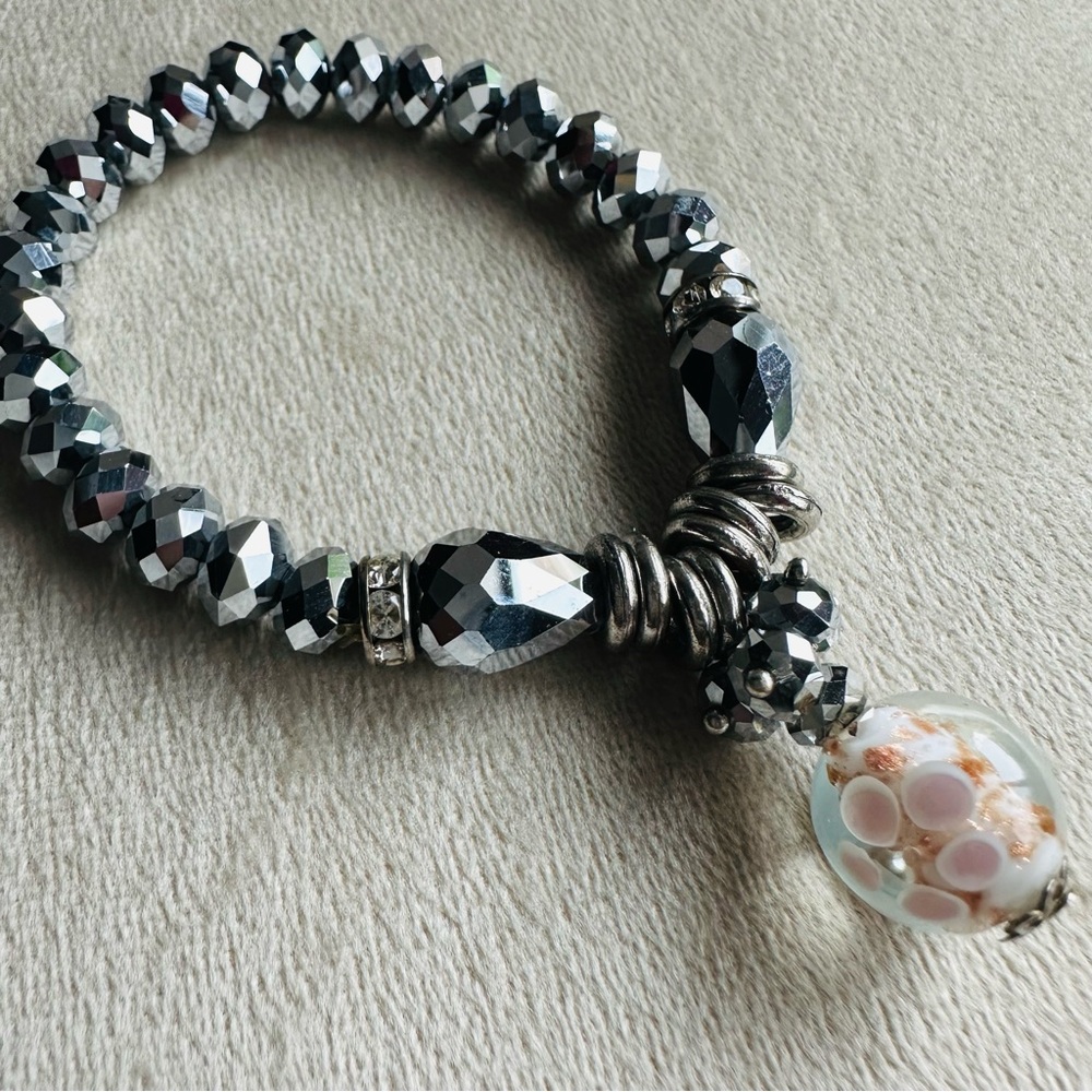 Silver Faceted Beaded Stretch Bracelet with Glass Charm | Boho Statement